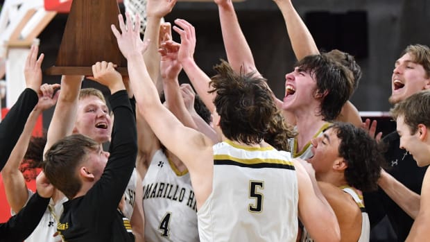 Amarillo High celebrates winning the 5A region 1 final against El Paso Chapin on Saturday, March 2, 2024 at Kay Yeager Coliseum.
